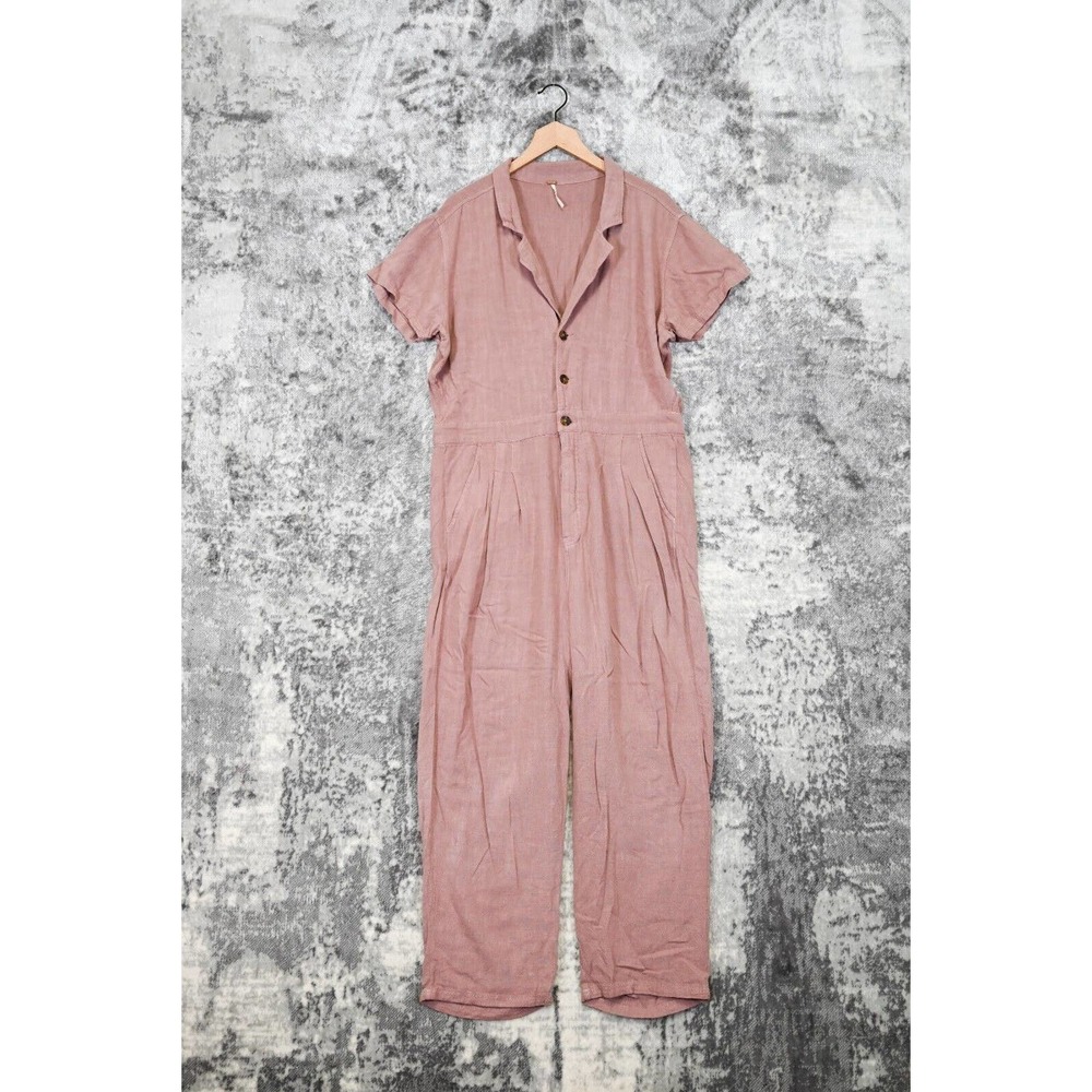 Free People Dusty Pink Linen Blend Collared Boiler Coverall Jumpsuit